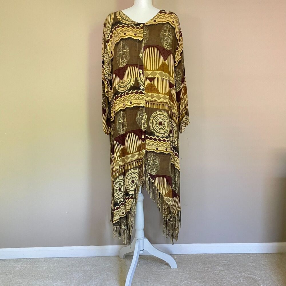 Rainbow OS Art To Wear Dress Geometric Print Long Sleeve Asymmetrical Hem Fringe